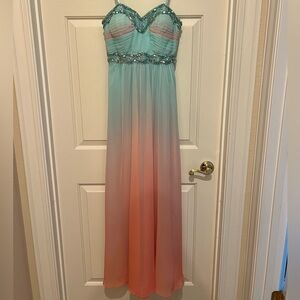 Blondie Nites Strapless Teal and Coral Dress